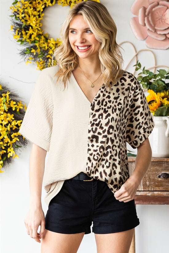 Contrasting khaki blouse leopard color block