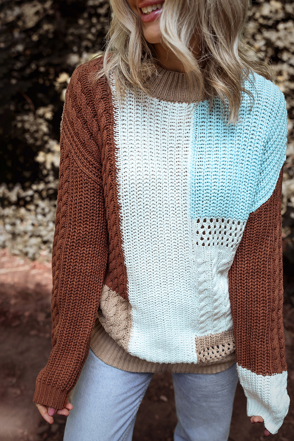 Khaki patchwork sweater in mixed textured knit color block