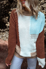 Khaki patchwork sweater in mixed textured knit color block