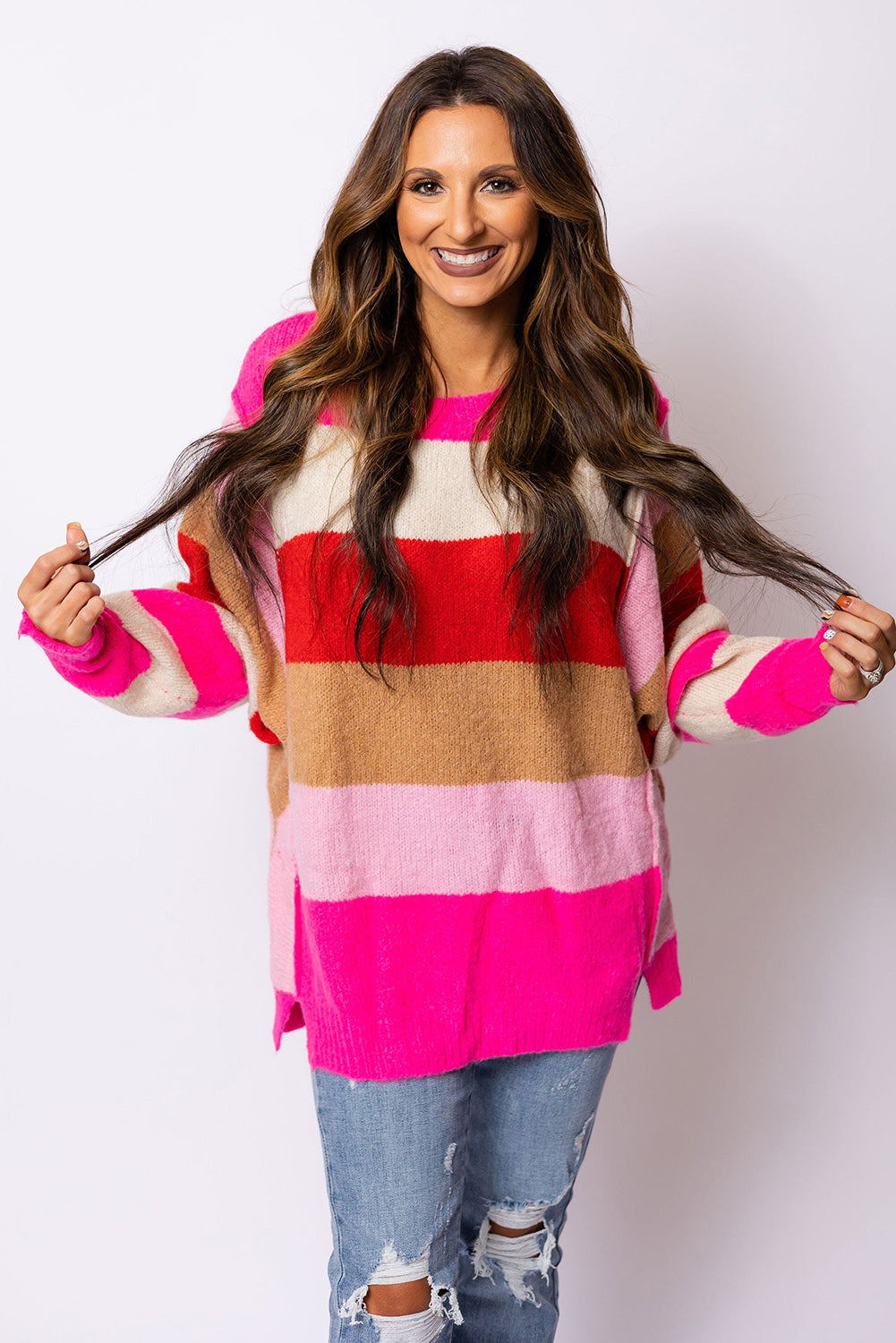 Fiery Red Mix Horizon Stripes Dolman Sleeve Sweater