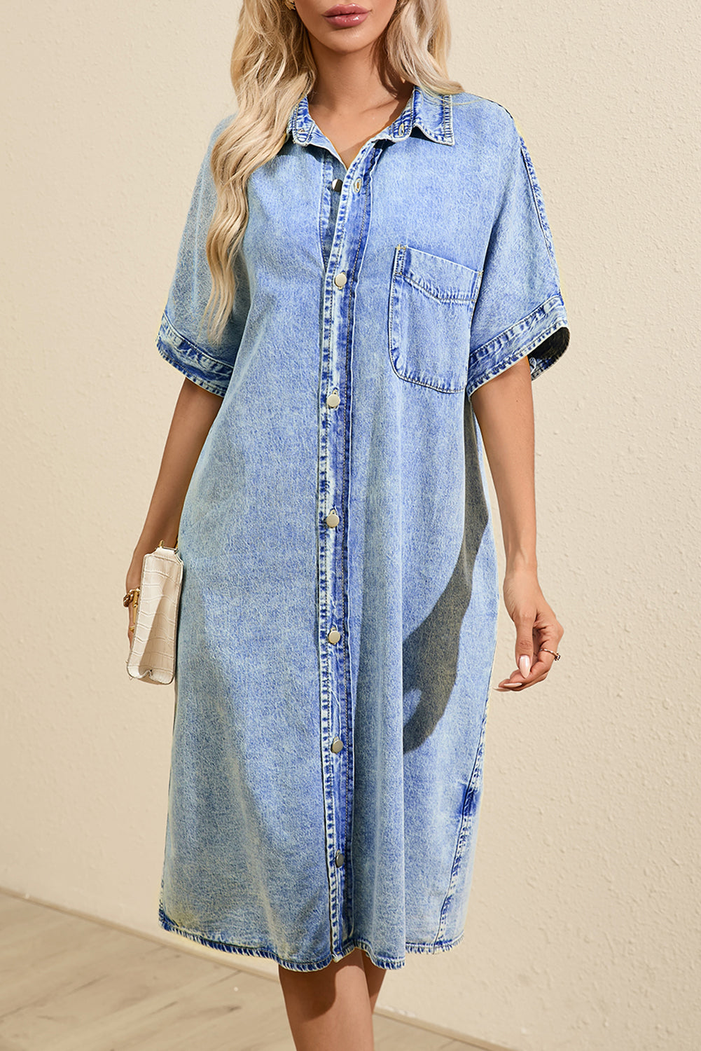 Hellblau lose mittlere Wäsche Kurzarm Hemd Chambray Kleid