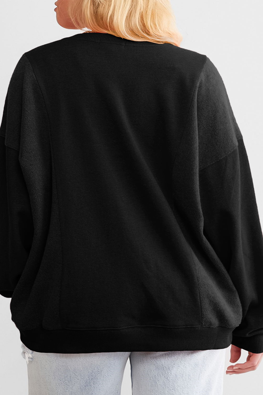 Black Crew Neck Patchwork Loose Sweatshirt Plus Size