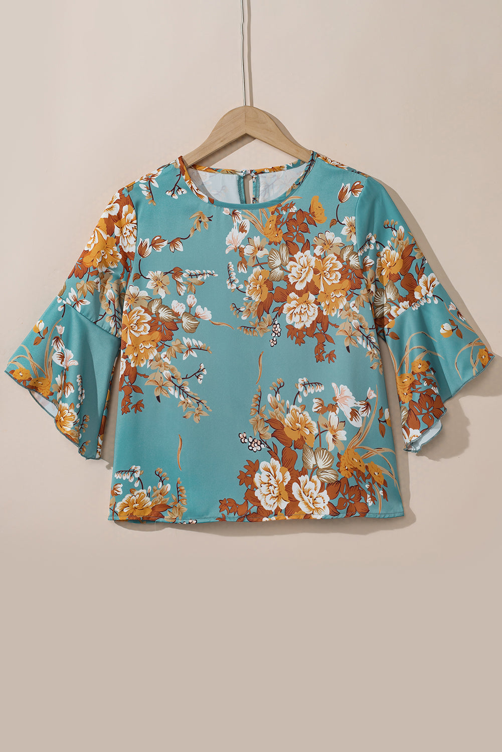 Mineral Blue Flare Sleeve Floral Blouse