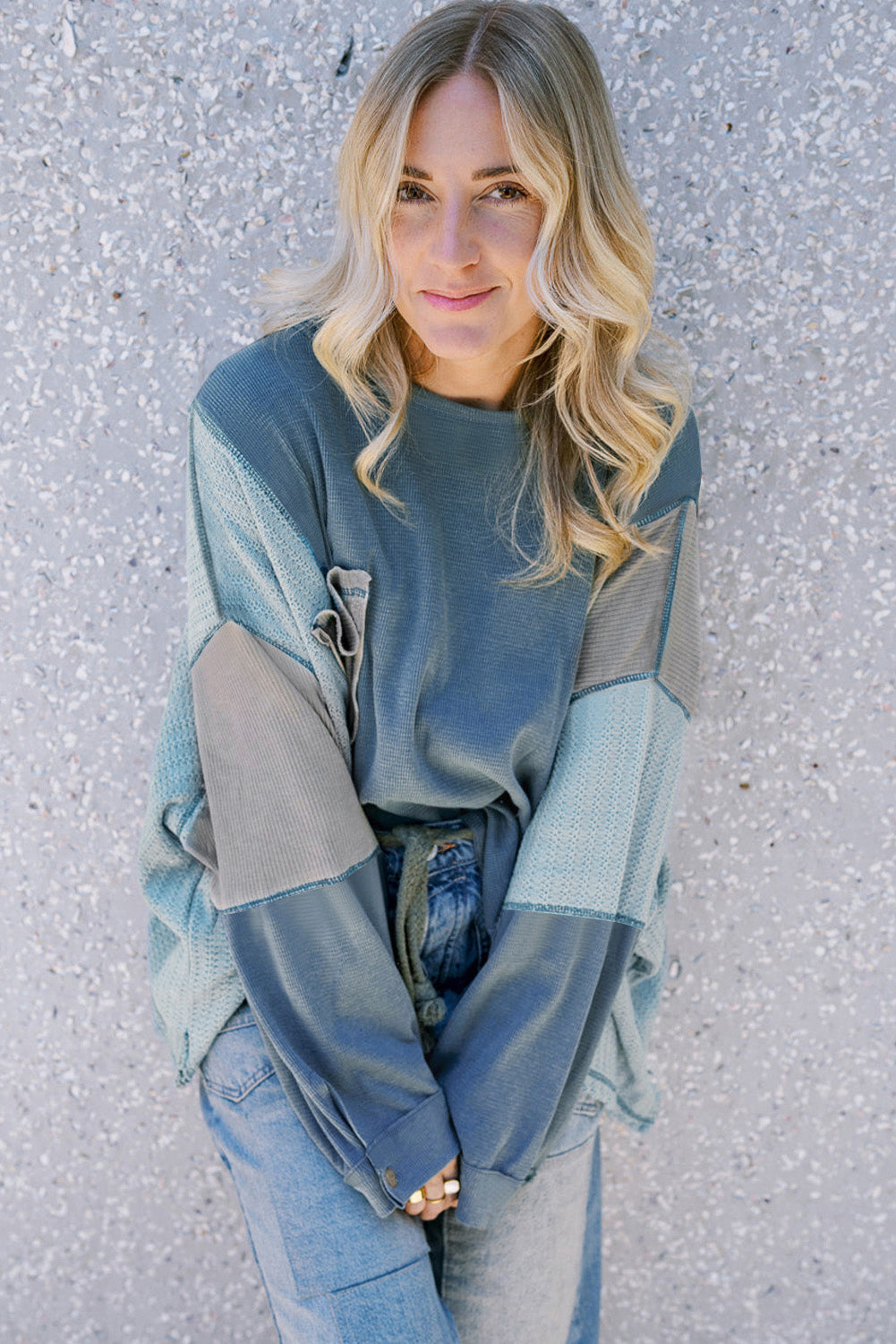 Twilight Blue Color Block Stitching Patchwork Button Up Long Sleeve Top