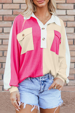 Oversized Ribbed Collar Sweatshirt in Red Pink Color Block