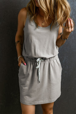 Gray sleeveless mini dress with drawstring waist