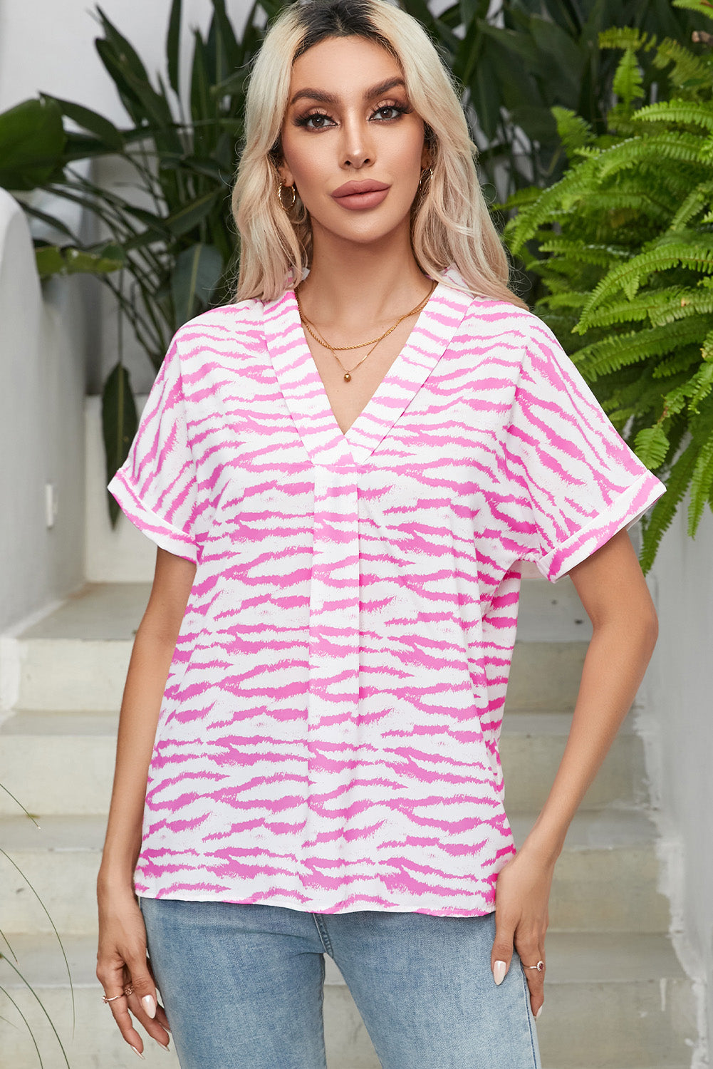 Modello zebra di rosa V Neck Shortleve Blouse