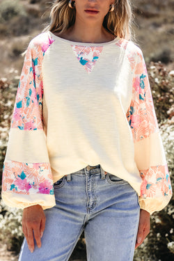 Ballon sleeve blouse in textured floral patchwork apricot