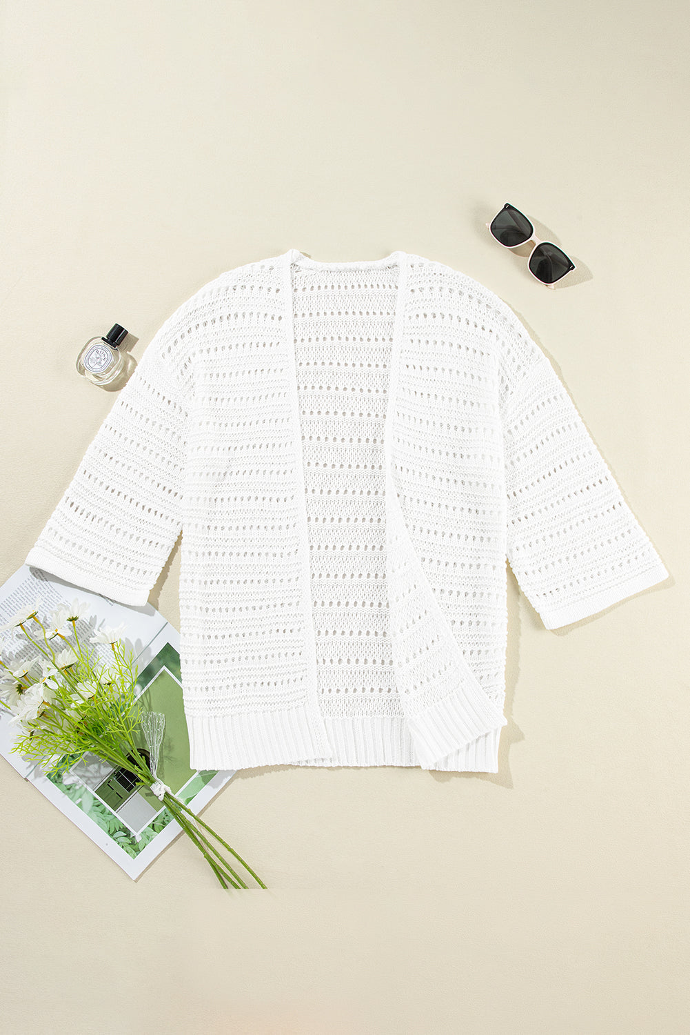 Cardigan ouvert à manches bracelet en tricot pointelle blanc