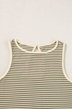 Green Striped and Printed Ribbed Knit Sleeveless Top