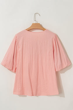 Puffy sleeve blouse and Apricot pink geometric spindle collar