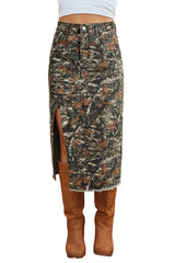 Jupe midi en jean camouflage multicolore fendue à ourlet brut