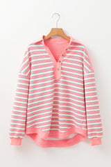 Pink striped high button and v * collar
