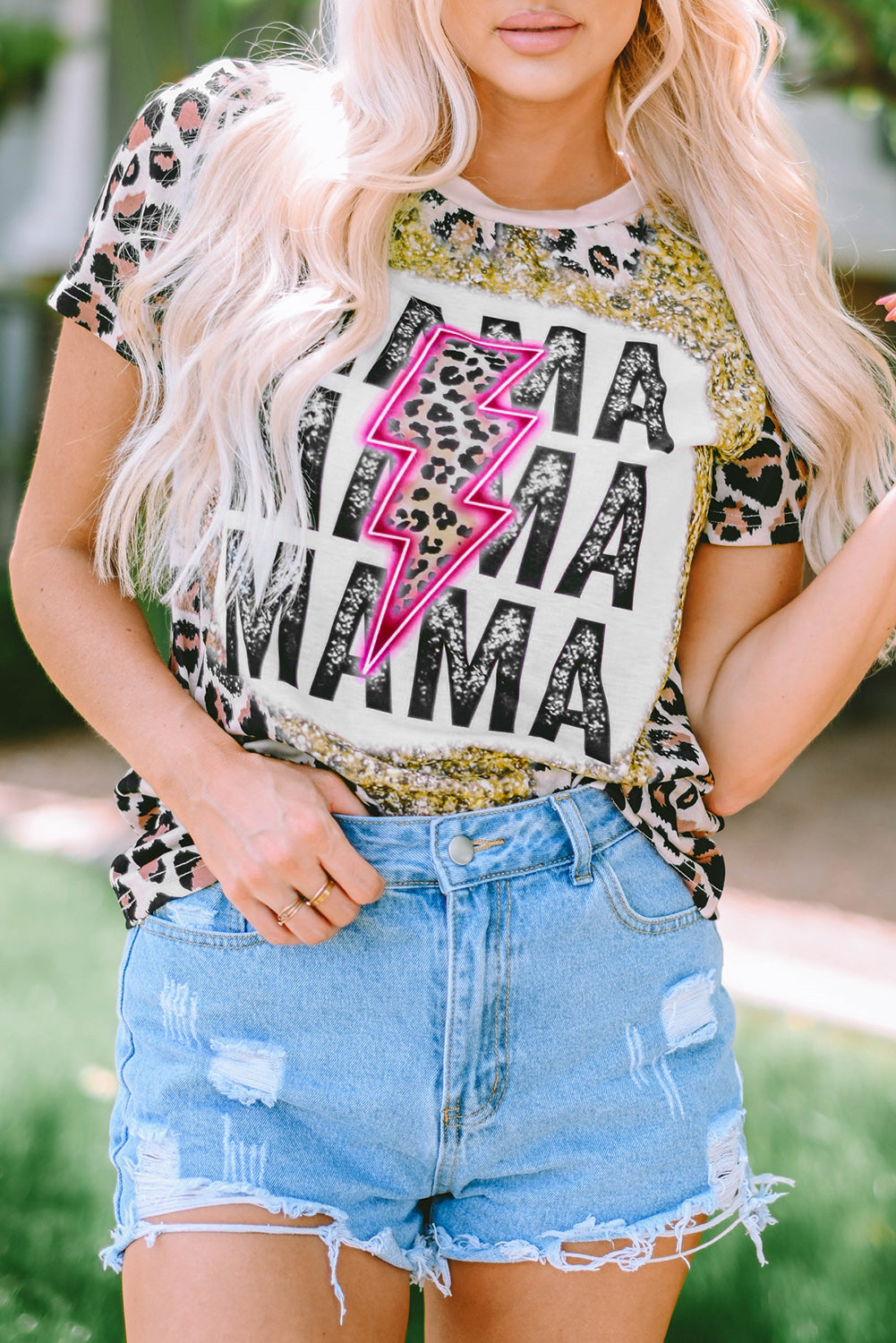 Mama Lightning Graphic Leopard teint T-shirt