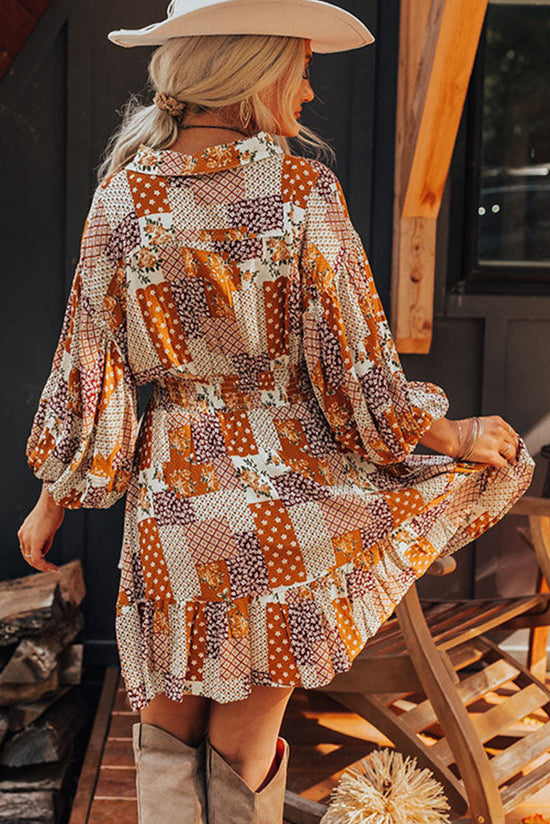 Mini-Robe Orange Flower Bohemian Style Shirt, Floor sleeves, Smocked Size