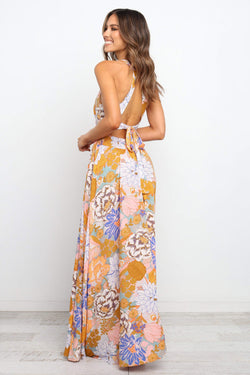 Long floral bohemian dress bare back with orange sleeveless laces