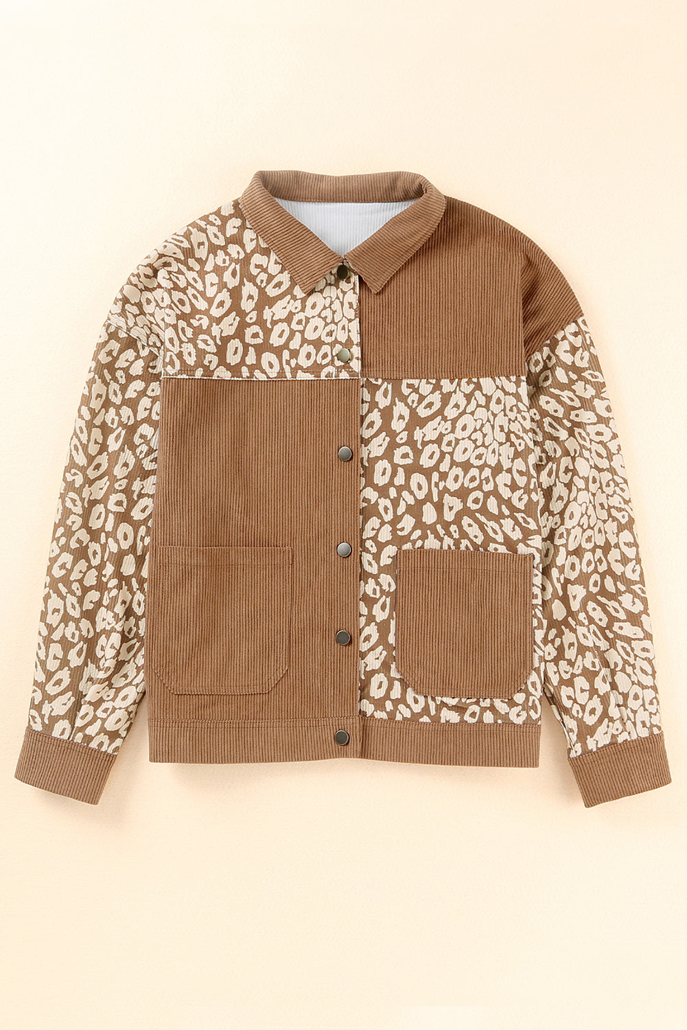 Brauner Leopardendrucken Corduroy Langarmjacke