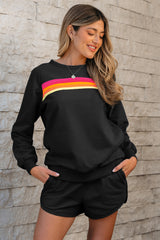 Casual two piece set black striped sweater and shorts