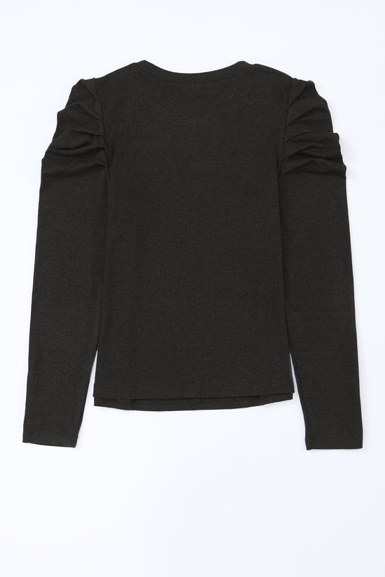 Black buttoned sheath top with long puff sleeves