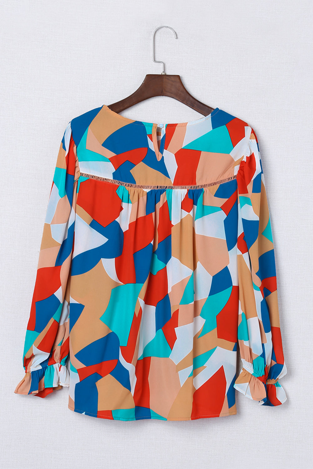 Multicolor abstrakte Muster Crewneck gekräuselte Puffhülle Bluse