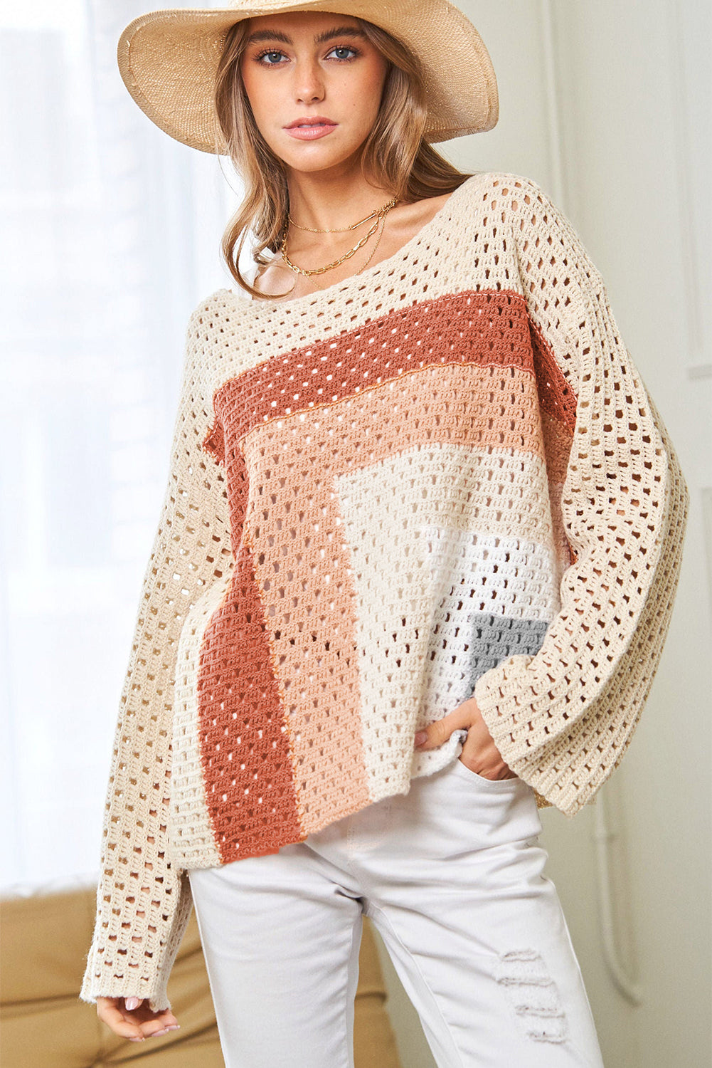 Apricot Pointelle Knit Colorblock Sweater Haggy