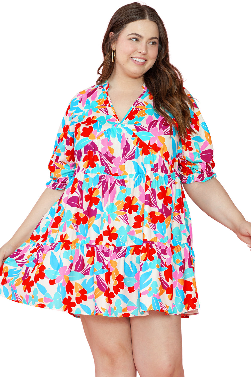 Robe en V à niveau floral multicolore plus robe