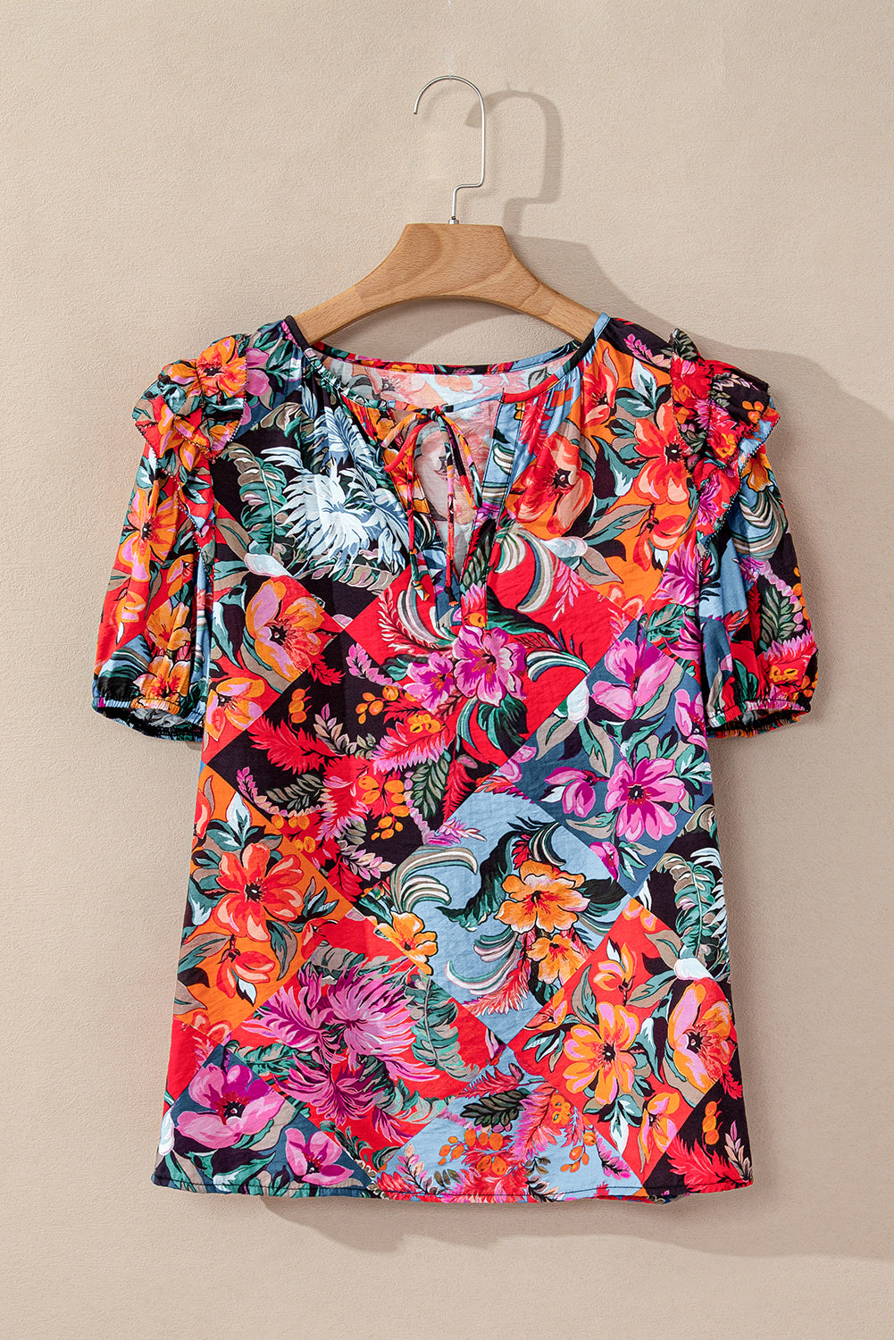 Blusa de cuello dividido de la manga de burbujas multicolor estampado de estampado floral