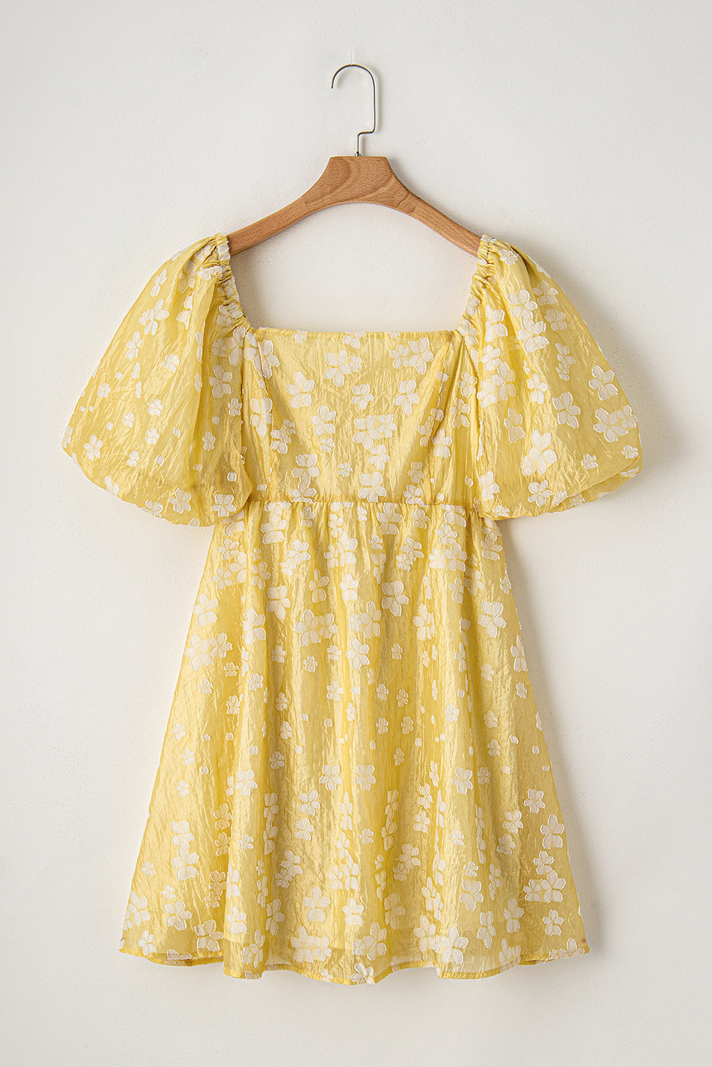 Amarillo boho flor jacquard hojaldre manga cuadrado mini vestido