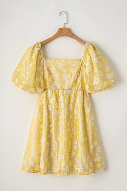 Yellow bohemian floral jacquard square neck puff sleeve mini dress