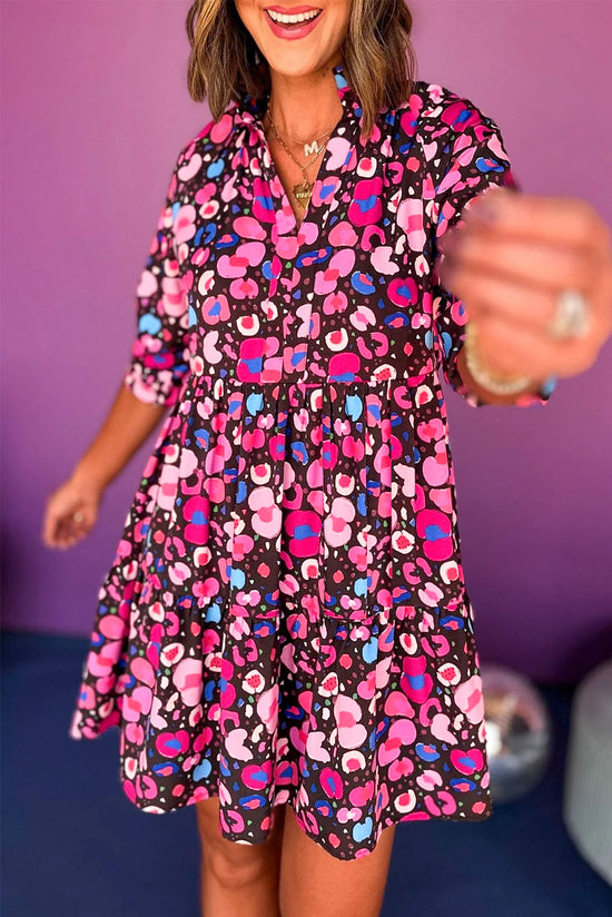 Pink Abstract Print V-Neck Half Sleeve Short Dress