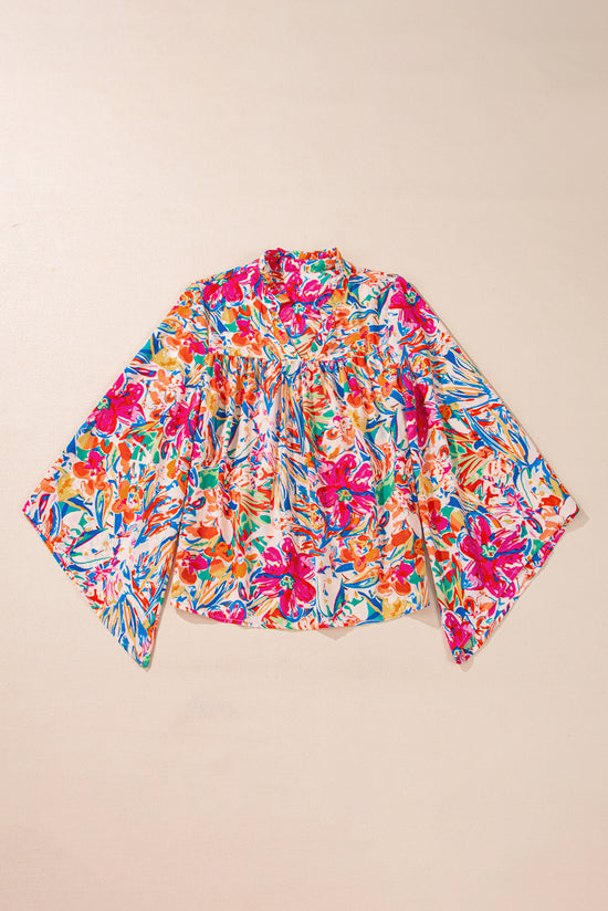 Multicolored blouse with floral print and sleeve with v -neck collar