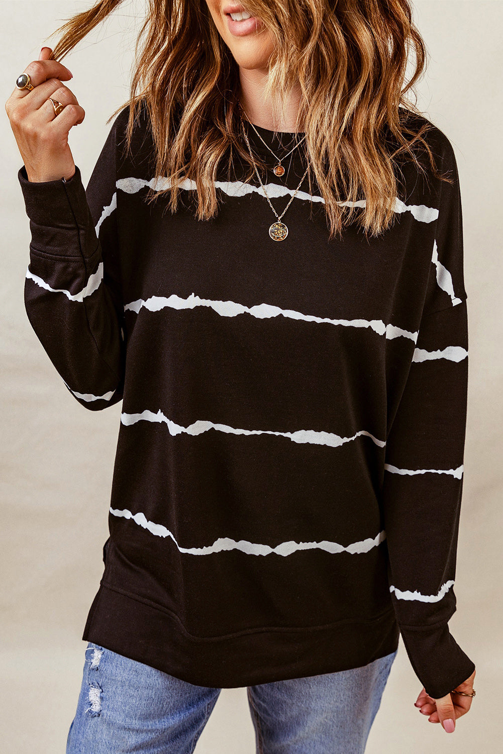 Black Striped Long Sleeve Abstract Casual Sweatshirt