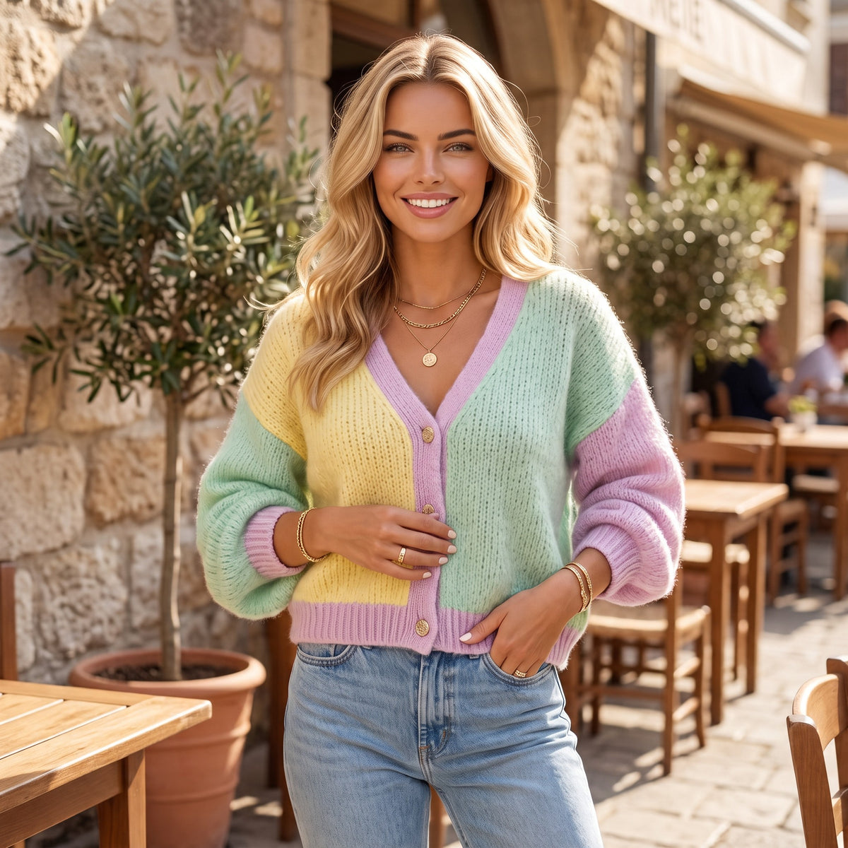 Cardigan multicolore pastel à col V et épaules tombantes