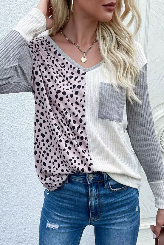 Leopard Patchwork Ribbed V-Neck Top