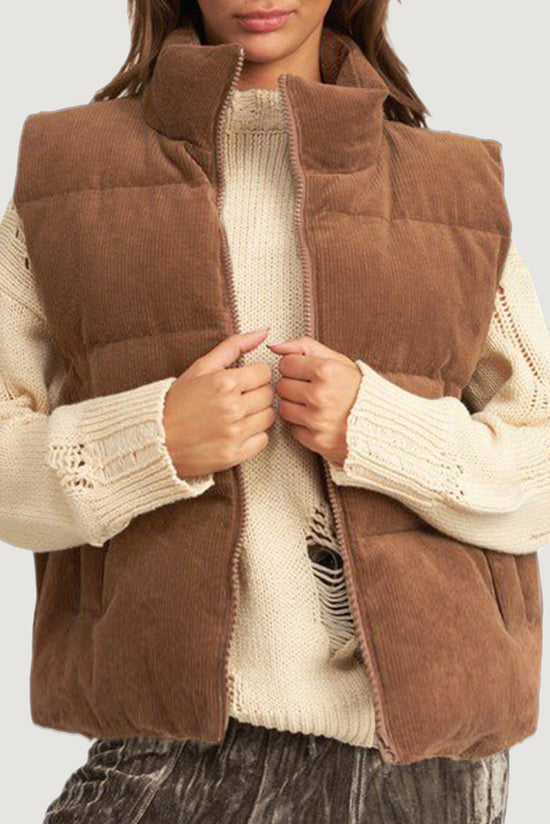 Coffee corduroy zipped stand-up collar down vest