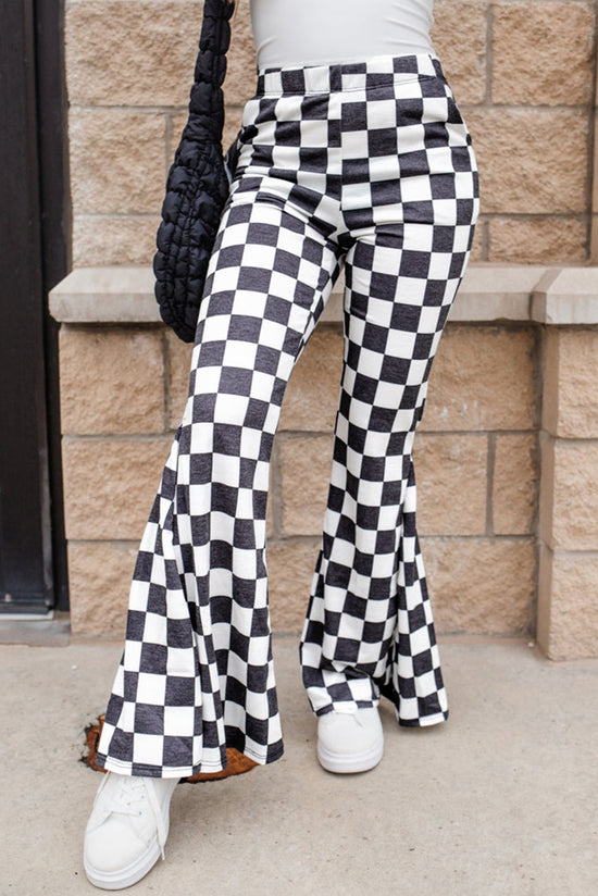 Pantalon évasé décontracté taille haute en damier noir *