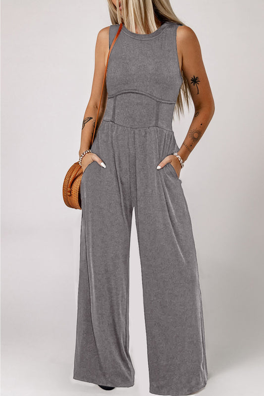 Mid Grey Sleeveless Wide Leg Cinched Waist Jumpsuit