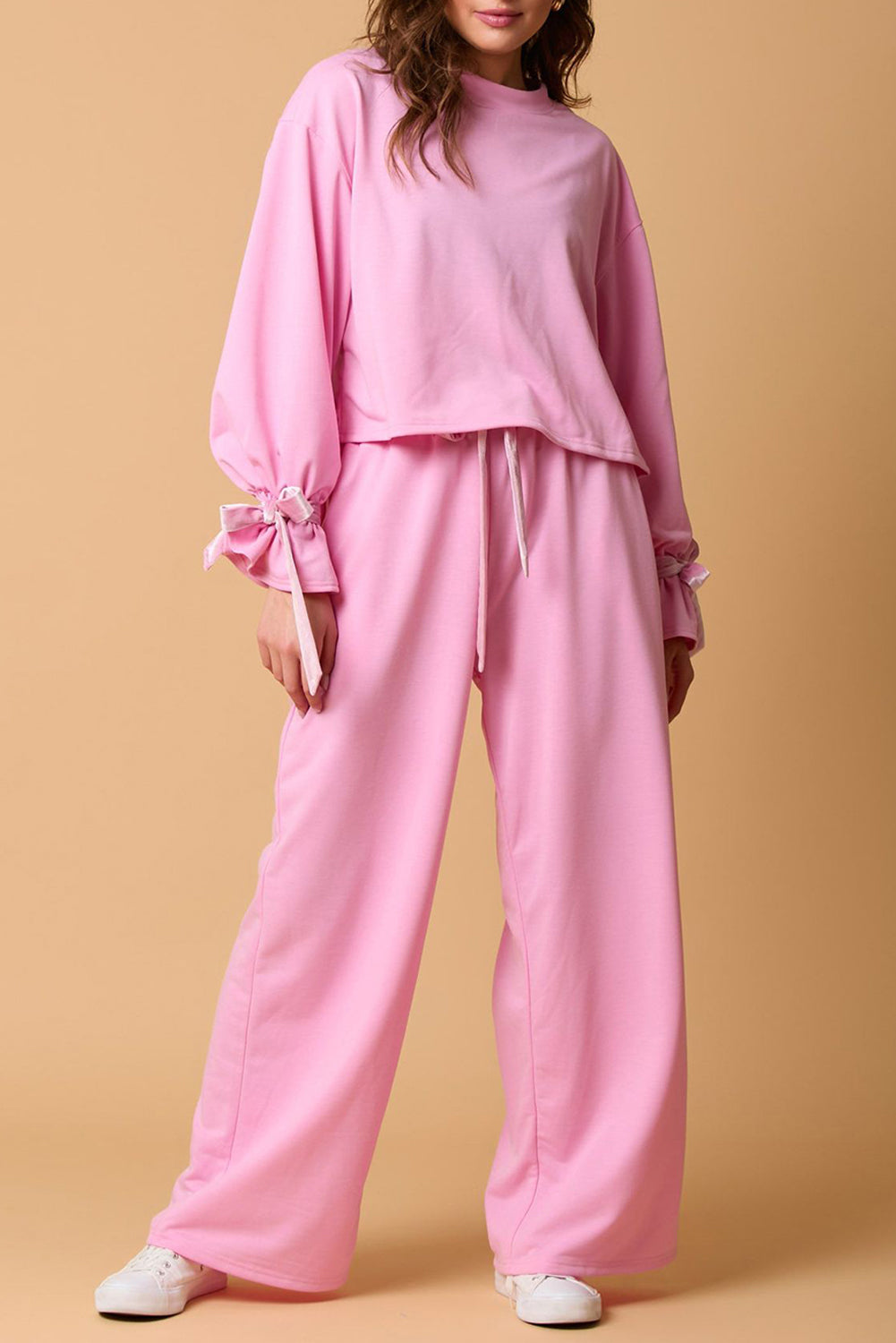 Candy Solid Color Drawstring Long Sleeve Top and Pants Set