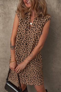 Khaki Leopard Print V-Neck Sleeveless Mini Dress