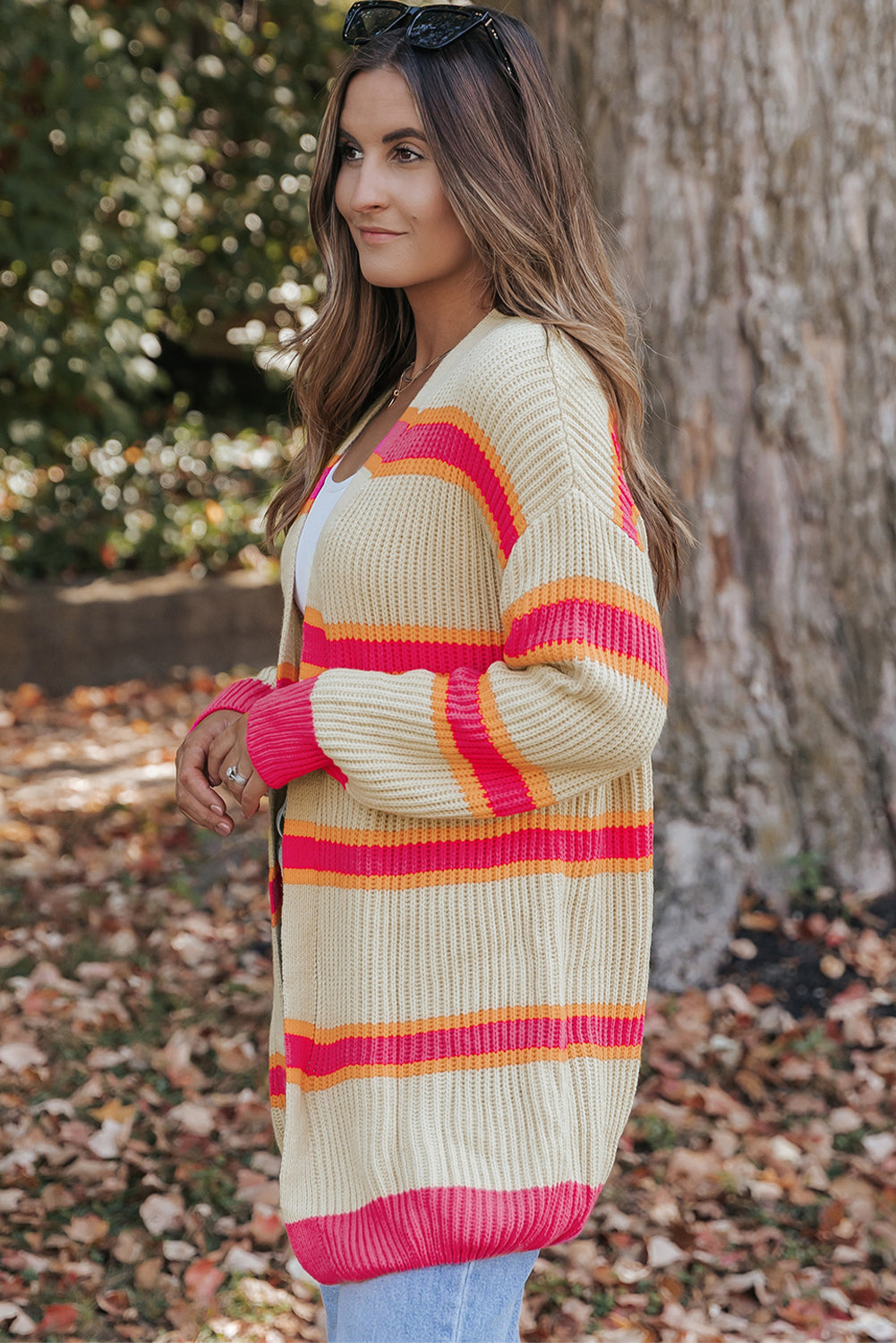 Cardigan long tricoté côtelé imprimé à rayures-A WOMAN WE LOVE