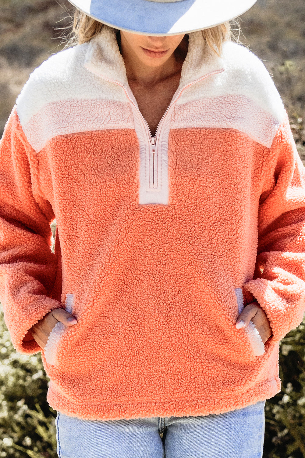 Orange Colorblock Half Reißverschluss Hals Sherpa Sweatshirt