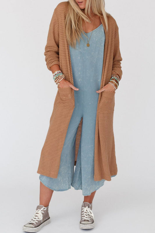 Chestnut Long Waffle Strick -Strickjacke mit Taschen