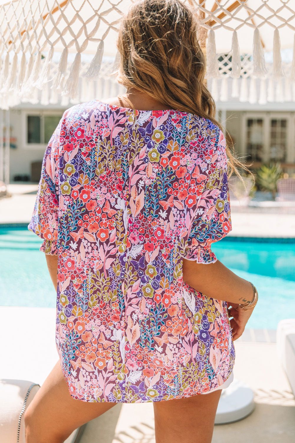 Blouse tunique froncée à manches 3/4 et imprimé floral multicolore-A WOMAN WE LOVE