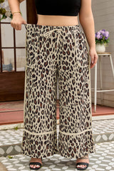 Pantalon large beige léopard grande taille à cordon et poches plaquées