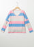 Pink Long Sleeve V-Neck Top with Contrast Stripes