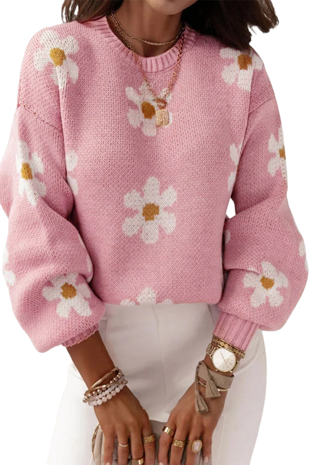 Maglione di spalla a goccia floreale rosa