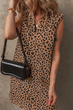 Khaki Leopard Print V-Neck Sleeveless Mini Dress