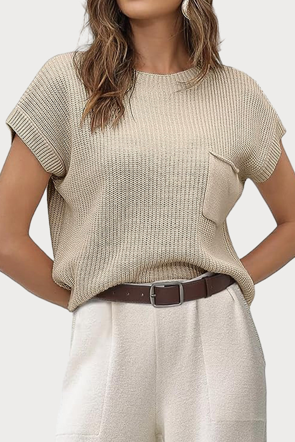 Pale Khaki Patch Pocket Short Sleeve Sweater