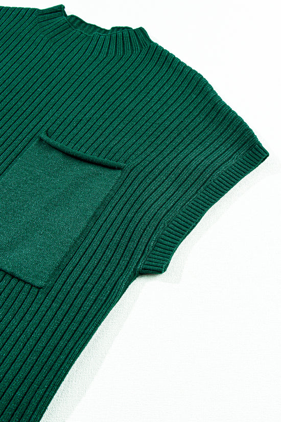 Robe pull à manches courtes en tricot côtelé avec poche plaquée vert noirâtre