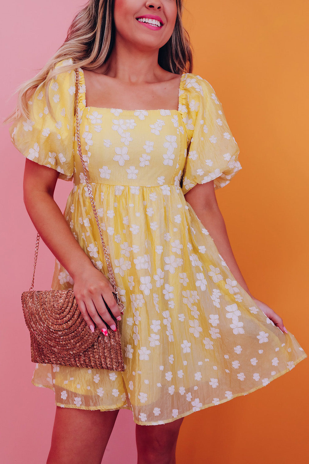 Amarillo boho flor jacquard hojaldre manga cuadrado mini vestido